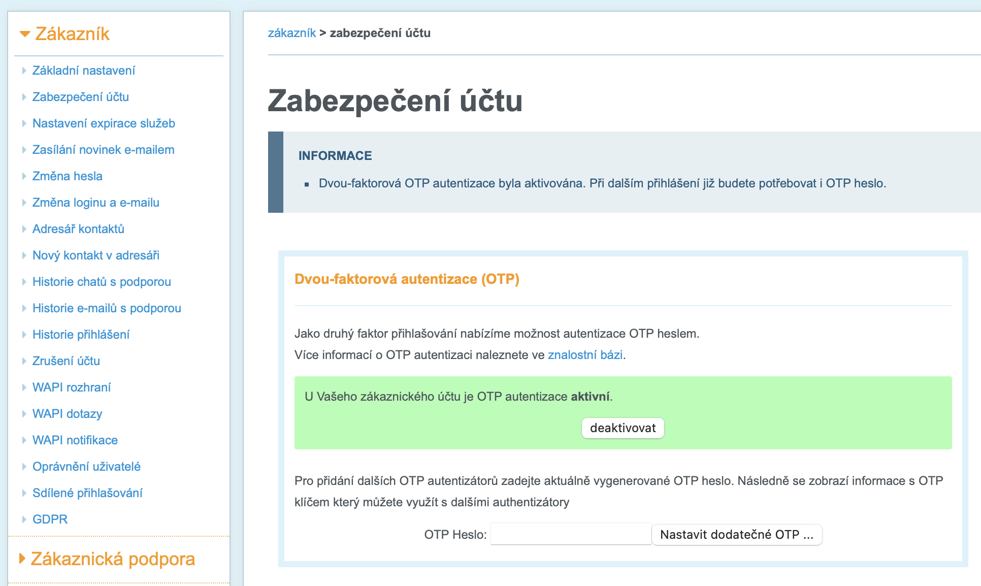 Aktivované dvoufázové OTP ověření v administraci VEDOS