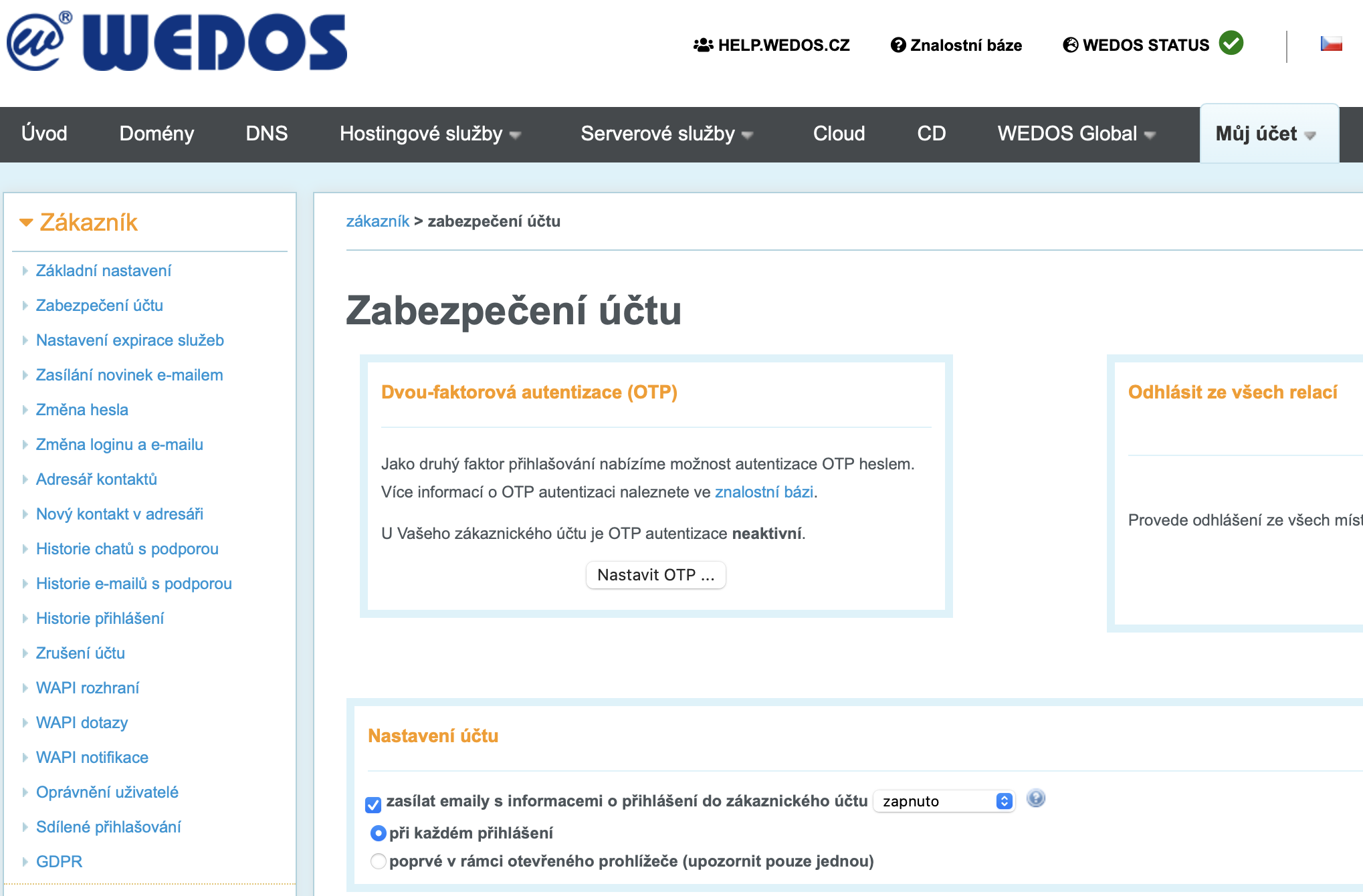 Nastavení zabezpečení účtu a OTP v administraci VEDOS
